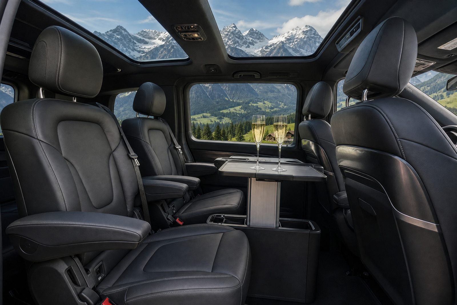 The cabin of the V 300: individual leather seats and a centre table