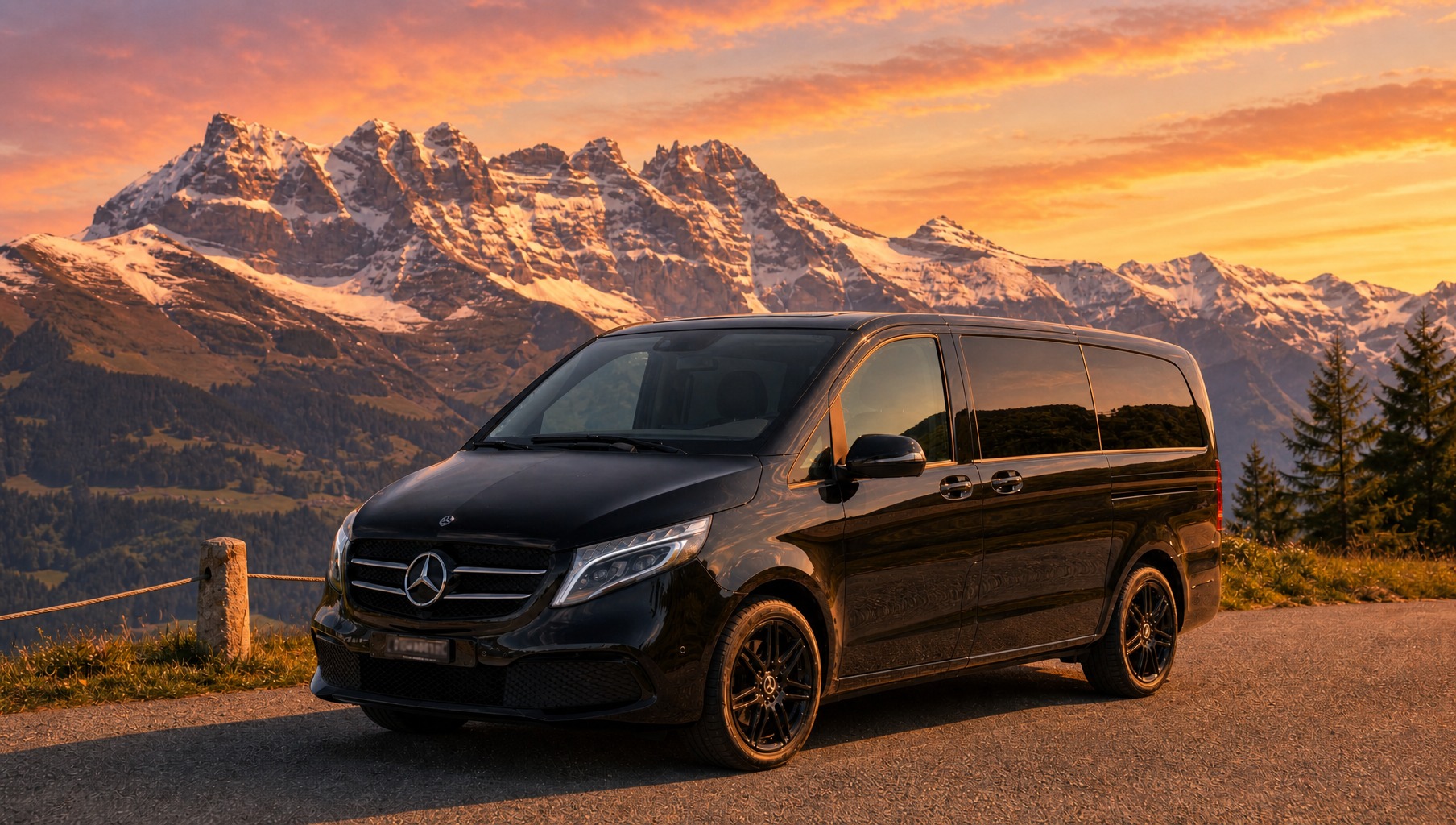 Mercedes-Benz V 300 seen from the front three-quarters, facing the Dents du Midi