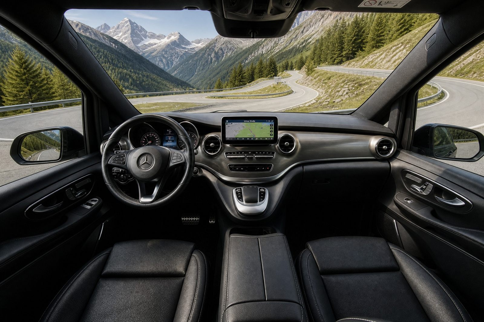 The driver's seat of the V 300, facing a mountain pass road
